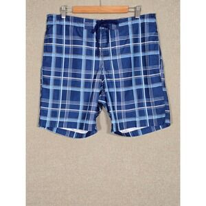 Logan Hill Men's Plaid Swim Trunks Blue White Checkered Mesh Liner Medium